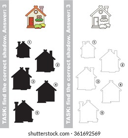 Toy house with different shadows to find the correct one. Compare and connect object with it true shadow.