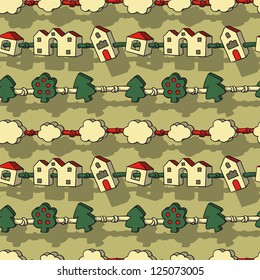 Toy houses, trees and the clouds strung on a rope