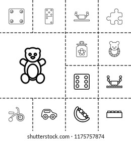 Toy icon. collection of 13 toy outline icons such as teddy bear, dice, building block, robot, child bicycle, domino. editable toy icons for web and mobile.