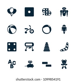 Toy icon. collection of 16 toy filled icons such as pyramid, beach ball, boomerang, dice, balloon, building block, bear teddy, robot. editable toy icons for web and mobile.