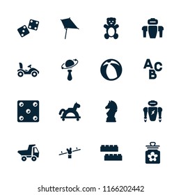 Toy icon. collection of 16 toy filled icons such as teddy bear, child building kit, kite, chess horse, robot, beanbag, bike, swing. editable toy icons for web and mobile.