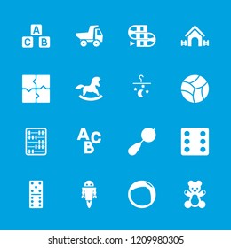 Toy icon. collection of 16 toy filled icons such as beanbag, dice, domino, puzzle, bed mobile, teddy bear, abc cube, beach ball, house. editable toy icons for web and mobile.