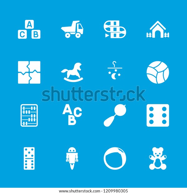 Toy icon.\
collection of 16 toy filled icons such as beanbag, dice, domino,\
puzzle, bed mobile, teddy bear, abc cube, beach ball, house.\
editable toy icons for web and\
mobile.