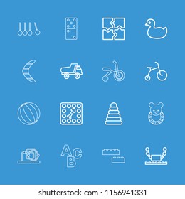 Toy icon. collection of 16 toy outline icons such as pyramid, duck, child bicycle, puzzle, robot, board game, boomerang, domino, abc. editable toy icons for web and mobile.