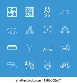 Toy icon. collection of 16 toy outline icons such as child bicycle, kick scooter, puzzle, building block, bear teddy, board game. editable toy icons for web and mobile.