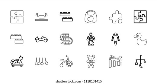 Toy icon. collection of 18 toy outline icons such as bed mobile, bike, child building kit, robot, puzzle, duck, child bicycle, baby bid. editable toy icons for web and mobile.