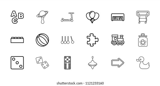 Toy icon. collection of 18 toy outline icons such as puzzle, dice, domino, abc, beach ball, balloon, building block, duck, beanbag. editable toy icons for web and mobile.