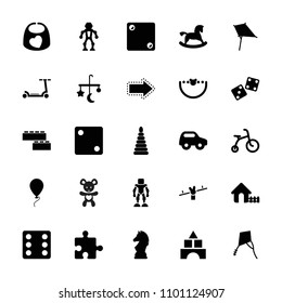 Toy icon. collection of 25 toy filled icons such as bed mobile, child bicycle, kite, house, dice, chess horse, robot, pyramid. editable toy icons for web and mobile.