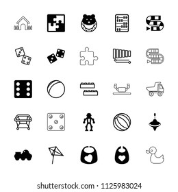 Toy icon. collection of 25 toy filled and outline icons such as baby bid, dice, dice game, puzzle, robot, child building kit, kite. editable toy icons for web and mobile.