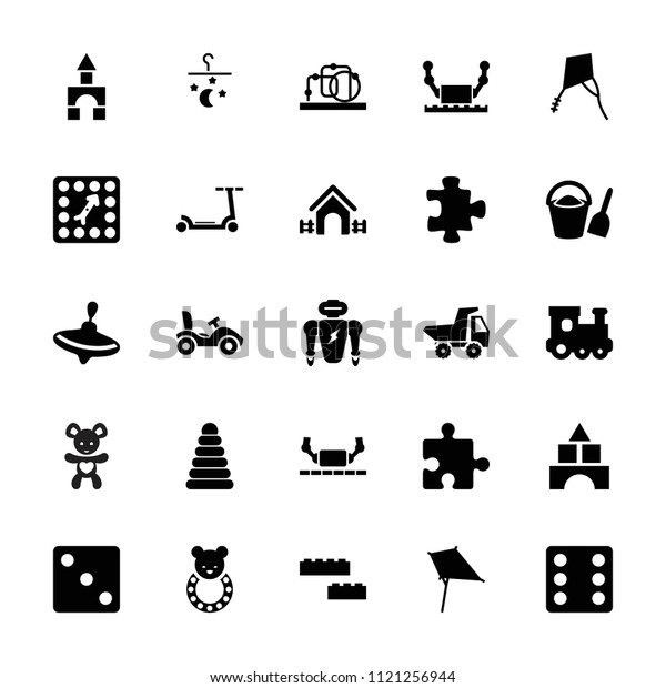 Toy icon.\
collection of 25 toy filled icons such as pyramid, puzzle,\
whirligig, kite, dice, board game, bucket and shovel, robot.\
editable toy icons for web and\
mobile.