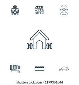 Toy icon. collection of 7 toy outline icons such as dice game, building block, robot, xylophone, teddy bear. editable toy icons for web and mobile.