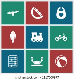 Toy icon. collection of 9 toy filled icons such as child bicycle, beach ball, baby bid, swing, robot. editable toy icons for web and mobile.