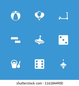Toy icon. collection of 9 toy filled icons such as kick scooter, whirligig, dice, balloon, building block, plastic ball. editable toy icons for web and mobile.