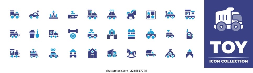 Toy icon collection. Duotone color. Vector illustration. Containing baby,  car, blocks, boat toy, toy train, horse, toy block, car, sand, pet, castle.