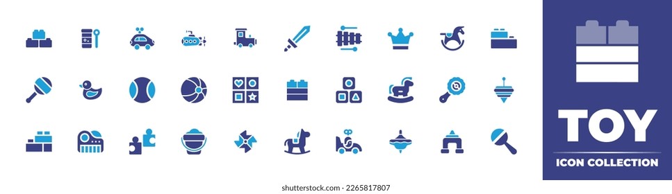 Toy icon collection. Duotone color. Vector illustration. Containing blocks, bubble, car, submarine, train, sword, xylophone, crown, horse, lego, rattle, rubber duck, ball, shapes, rocking horse.