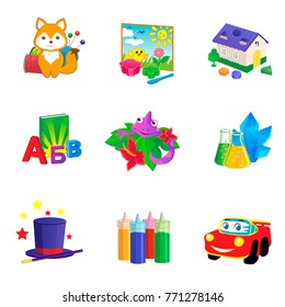 Toy icon collection vector color illustration. Machine, ABC, sewing, sculpting, paint, fresco,house, designer. In a cartoon style.