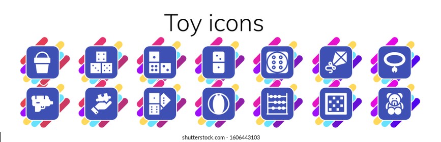 toy icon set. 14 filled toy icons. Included Sand bucket, Water gun, Dice, Puzzle, Domino, Dominoes, Beach ball, Abacus, Kite, Chess board, Collar, Teddy bear icons