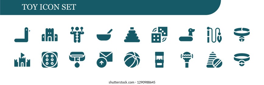  toy icon set. 18 filled toy icons. Simple modern icons about  - Duck, Sand castle, Voodoo doll, Baby food, Toy, Dices, Rubber ring, Collar, Dice, Sent, Beach ball, Arcade machine