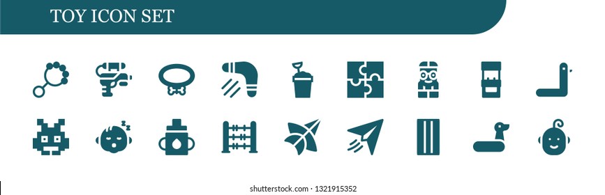 toy icon set. 18 filled toy icons.  Collection Of - Rattle, Water gun, Collar, Boomerang, Sand bucket, Puzzle, Nerd, Arcade machine, Duck, Space invaders, Baby, Feeder, Abacus