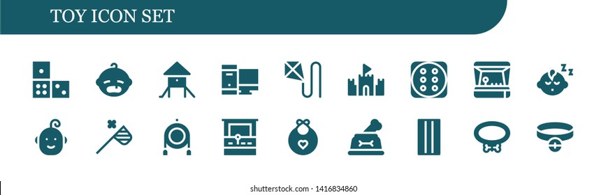 toy icon set. 18 filled toy icons.  Simple modern icons about  - Domino, Baby, Playground, Gaming, Kite, Sand castle, Dice, Arcade game, Baby boy, Butterfly net, Toy, Arcade machine