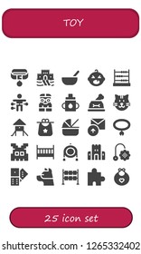  toy icon set. 25 filled toy icons. Simple modern icons about  - Collar, Sand castle, Baby food, Baby, Abacus, Voodoo doll, Nerd, Feeder, Dog, Cat, Playground, Bib, Cradle, Sent