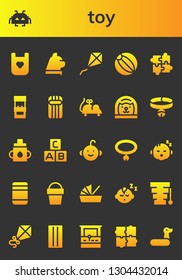 toy icon set. 26 filled toy icons.  Simple modern icons about  - Bib, Space invaders, Cat, Kite, Beach ball, Puzzle, Arcade machine, Inflatable, Mouse toy, Collar, Feeder, Abc