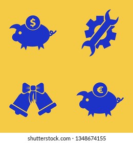 toy icon set with dollar piggy bank, sleigh bells and euro piggy bank vector illustration