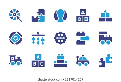 Toy icon set. Duotone color. Vector illustration. Containing pinwheel, puzzle, ball, blocks, blocks, crib, pet, construction, train, train, toy, lego, car toy.