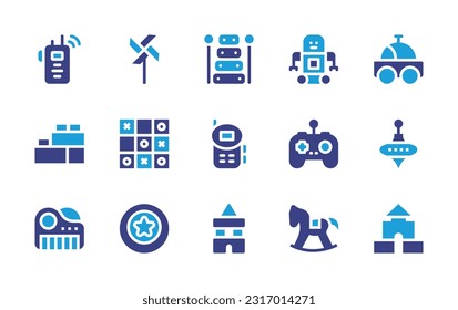 Toy icon set. Duotone color. Vector illustration. Containing walkie talkie, pinwheel, xylophone, robot, toy car, lego, tic tac toe, remote control, spinning top, piano, ball, blocks, rocking horse.