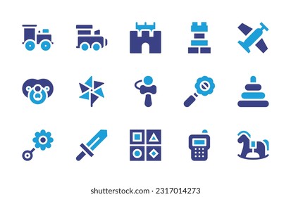 Toy icon set. Duotone color. Vector illustration. Containing baby toy, toy train, sand castle, block, airplane, baby, pinwheel, kendama, rattle, pyramid, sword, shapes, walkie talkie, rocking horse.