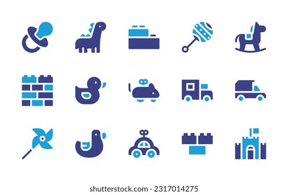 Toy icon set. Duotone color. Vector illustration. Containing pacifier, dinosaur, lego, rattle, rocking horse, duck, rat, truck, toy truck, pinwheel, toy car, blocks, castle.