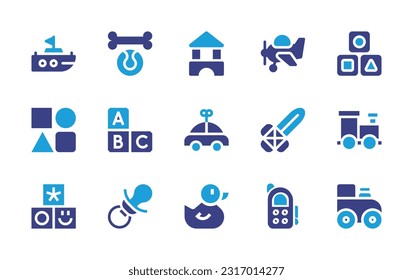 Toy icon set. Duotone color. Vector illustration. Containing boat, pet toy, blocks, airplane, blocks, figures, abc, car, sword, toy train, toys, pacifier, rubber duck, telephone.