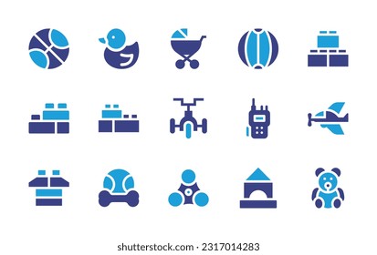 Toy icon set. Duotone color. Vector illustration. Containing ball, duck, baby stroller, beach ball, lego, blocks, bricks, tricycle, walkie talkie, airplane, pet, spinner, building, teddy bear.