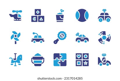 Toy icon set. Duotone color. Vector illustration. Containing helicopter, cubes, bucket, ball, clockwork, pinwheel, car, baby rattle, spinner, rocking horse, sand bucket, puzzle, shapes.