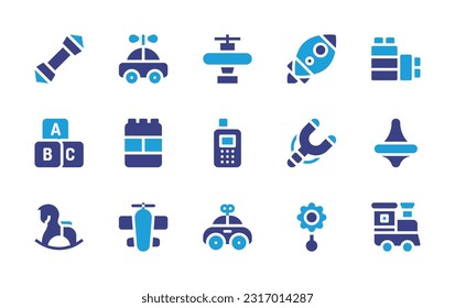 Toy icon set. Duotone color. Vector illustration. Containing animals, car, airplane, rocket, blocks, abc, lego, phone, slingshot, spinning top, rocking horse, plane, car toy, rattle, train.