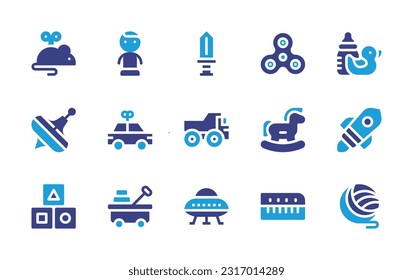 Toy icon set. Duotone color. Vector illustration. Containing mouse, toy, sword, spinner, baby, spinning top, car toy, truck, rocking horse, rocket, cubes, cart, ufo, keyboard, yarn.