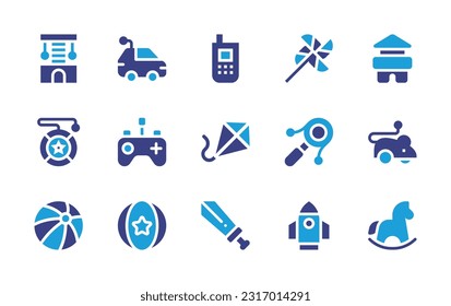 Toy icon set. Duotone color. Vector illustration. Containing scratching post, rc car, walkie, windmill, blocks, yoyo, remote control, kite, rattle drum, mouse, ball, sword, rocket, rocking horse.