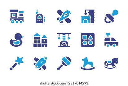 Toy icon set. Duotone color. Vector illustration. Containing toys, walkie talkie, plane, scratching post, pacifier, rubber duck, block, scratcher, blocks, car toy, magic wand, toy, rattle, rocking.