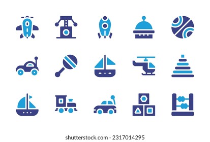 Toy icon set. Duotone color. Vector illustration. Containing plane, scratcher, rocket, ufo, ball, toy car, baby rattle, sailboat, helicopter, pyramid, boat, toy train, racing car, cubes, abacus.