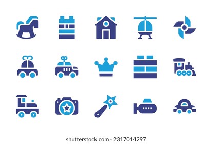 Toy icon set. Duotone color. Vector illustration. Containing horse, toy block, toy house, helicopter, toy windmill, car, crown, building, train, train, camera, magic wand, submarine.