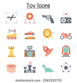 Toy icon set in flat color style