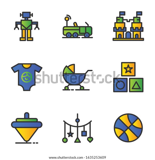 Toy icon set include\
robot,car,castle,clothes,carriage,block,spinning,hanging\
toy,toys,