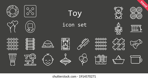 toy icon set. line icon style. toy related icons such as console, pet food, potty, balloons, rail, pool, dice, drum, wool balls, float, whirligig, newtons cradle, pet brush, bones, puzzle