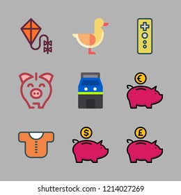 toy icon set. vector set about game controller, kite, duck and piggy bank icons set.