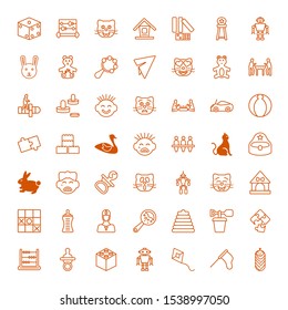 toy icons. Editable 49 toy icons. Included icons such as Newborn, Butterfly Net, Kite, Robot, Block, Pacifier, Abacus, Puzzle, Sand bucket, Toy, Rattle. trendy icons for web.