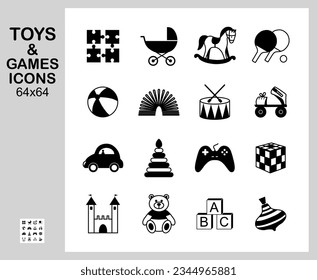 Toy Icons, Icon set, Games, Dolls, Collection of 16 vector icons, Simple vector illustration
