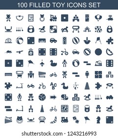 toy icons. Set of 100 filled toy icons included Dice, chess horse, kite, dice, train toy, boomerang, playpen on white background. Editable toy icons for web, mobile and infographics.