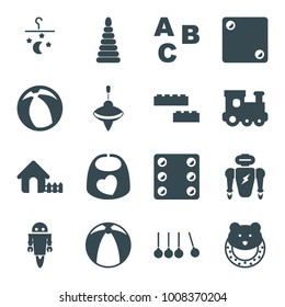 Toy icons. set of 16 editable filled toy icons such as house, abc, robot, beach ball, bed mobile, pyramid, whirligig, baby bid, dice, cradle, building block
