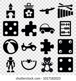 Toy icons. set of 16 editable filled toy icons such as bike, puzzle, swing, dice, abacus, beach ball, teddy bear, robot