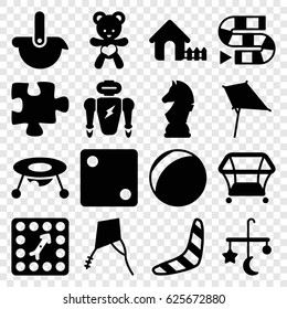 Toy icons set. set of 16 toy filled icons such as bed mobile, baby toy, boomerang, kite, house, playpen, Dice, puzzle, bear teddy, board game, chess horse, robot, dice game